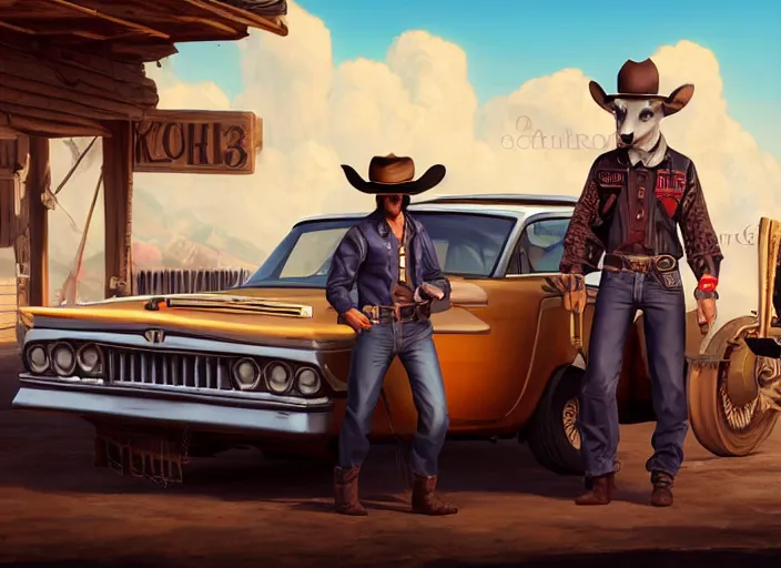 Image similar to character portrait feature of the anthro male anthropomorphic rat fursona wearing cowboy outfit wild west desperado standing next to an old monte carlo vintage car, a man whose heart is hollow, character design stylized by charlie bowater, ross tran, artgerm, makoto shinkai, detailed, soft lighting, rendered in octane