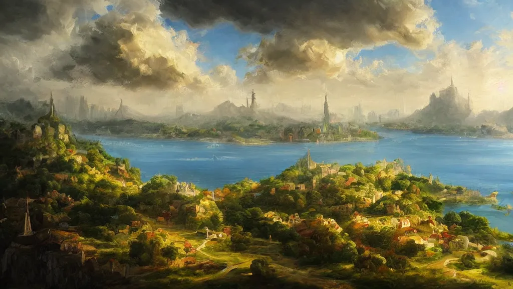 Prompt: floating pastoral island over a hilly European city, trending on art station, oil painting, concept art