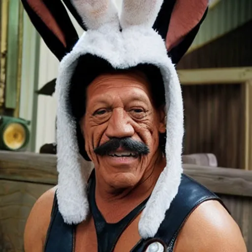 Image similar to Danny Trejo as Bugs Bunny, set photo in costume, cosplay, photograph