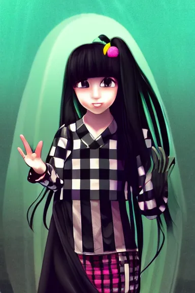 Image similar to mysterious girl child with her long black hair dressed in a chequered robe anime art style, big green diamond on her hand, digital art, hd, 4 k, hyper detailed