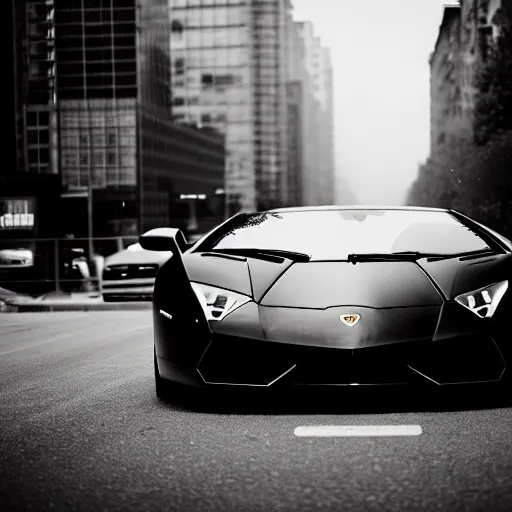 Image similar to black and white press photograph of a tired man, man in a black suit, pushing a lamborghini that is out of gas on a busy city street, sideview, detailed, natural light, mist, film grain, soft vignette, sigma 5 0 mm f / 1. 4 1 / 1 0 sec shutter, imax 7 0 mm footage