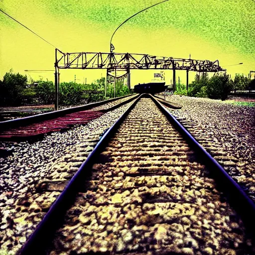 Image similar to “a train laying tracks as it travels, surreal, photrealism, 3D”