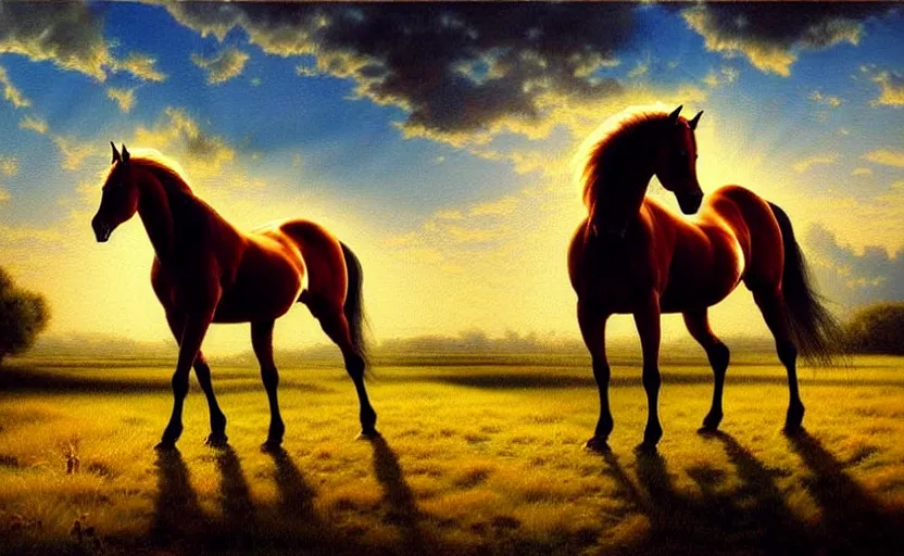 Image similar to a masterpiece oil painting of a horse backlit in a pasture. ultra wide angle, fantasy art, alex ross, heroic lighting, very very very beautiful raytraced rendering