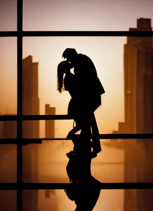 Prompt: a 2 8 mm macro photo of a couple kissing in the city in silhouette in the 1 9 7 0 s, bokeh, canon 5 0 mm, cinematic lighting, dramatic, film, photography, golden hour, depth of field, award - winning, 3 5 mm film grain, low angle