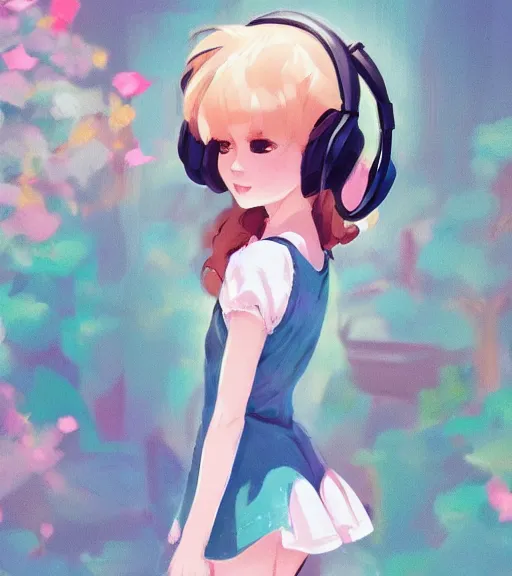 Image similar to beautiful little girl character inspired by 9 0's fashion and by madeline from celeste, art by rossdraws, wlop, ilya kuvshinov, artgem lau, sakimichan and makoto shinkai, concept art, headphones, anatomically correct, extremely coherent, realistic, smooth hd