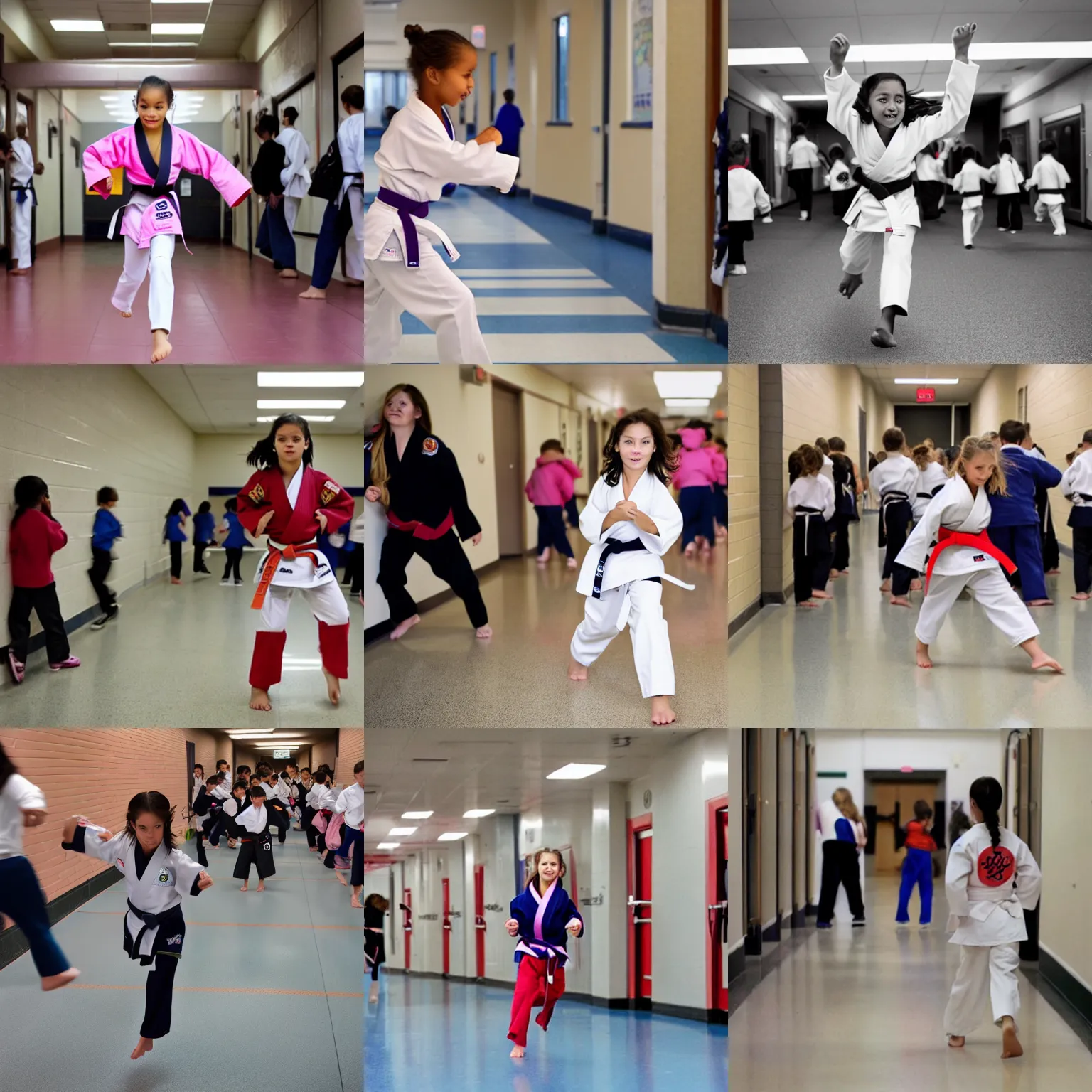 Prompt: A girl running through a crowded school hallway, wearing a karate gi