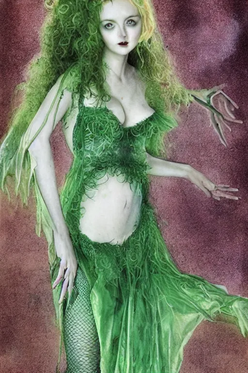 Image similar to full body portrait of lily cole as delirium from sandman, wearing a green dress and fishnet stockings by luis royo