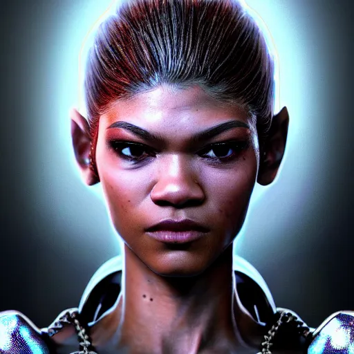 Image similar to zendaya portrait, dystopia core, apocalyptic, armor, warrior, dramatic, sharp focus, fiction, neon, fantasy, hyper detailed, digital art, trending in artstation, cinematic lighting, studio quality, smooth render, unreal engine 5 rendered, octane rendered, art style and nixeu and wlop and krenz cushart