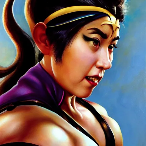 Prompt: ultra realistic kristen schaal as chun li from street fighter, portrait painting by frank frazetta, 4 k, ultra realistic, highly detailed,