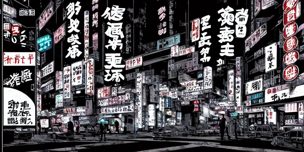 Prompt: Noir Cyberpunk Tokyo with neon signs in Japanese in style of Alan Moore. Symbolism, Detailed Art, 8K, Epic, Dynamic Light.