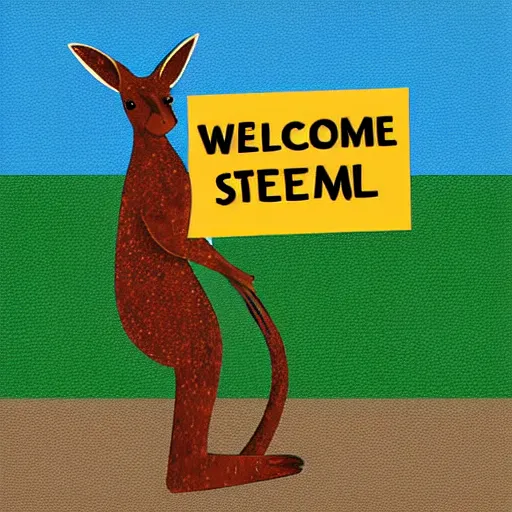 Image similar to a kangaroo holding a sign made out of steel with the word [ welcome ] carved on it, digital art