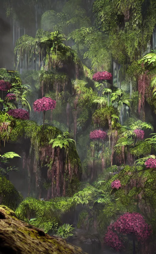 Image similar to a beautiful render of a dark prehistoric rainforest in a humongous cave, lush flora, patches of sky, magenta flowers, sunset, floating mountains and a waterfall in the background, intricate detail, hazy, humid, volumetric lighting, 8 k, photorealistic, raytracing effects, unreal engine 5