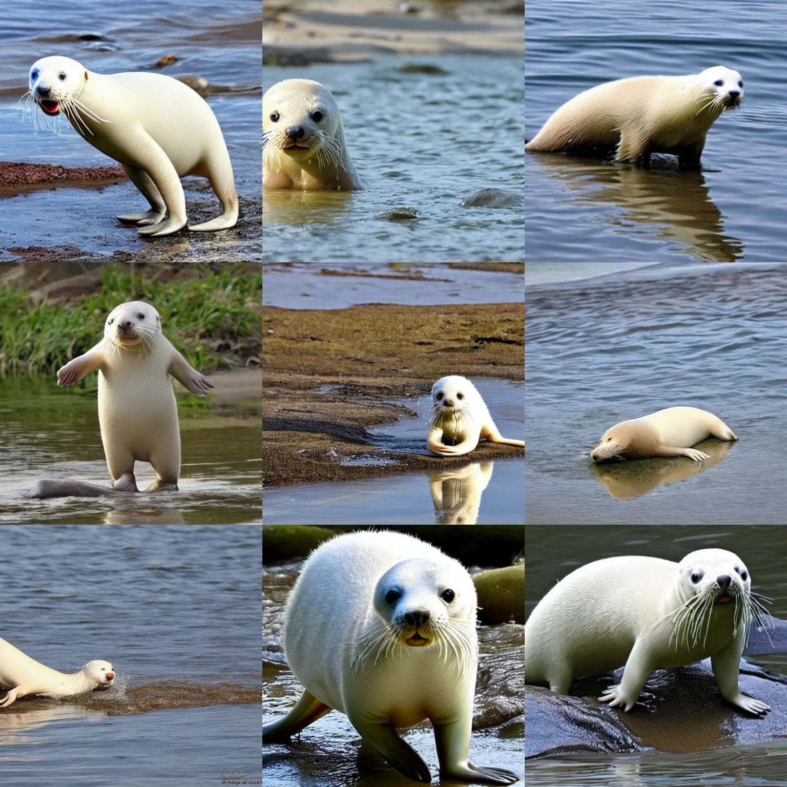 Prompt: bipedal albino amphibious otter seal hybrid.
