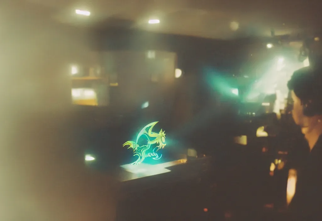 Prompt: dragon popping out of screen, volumetric lighting, bedroom, visor, users, pair of keycards on table, bokeh, creterion collection, shot on 7 0 mm, instax