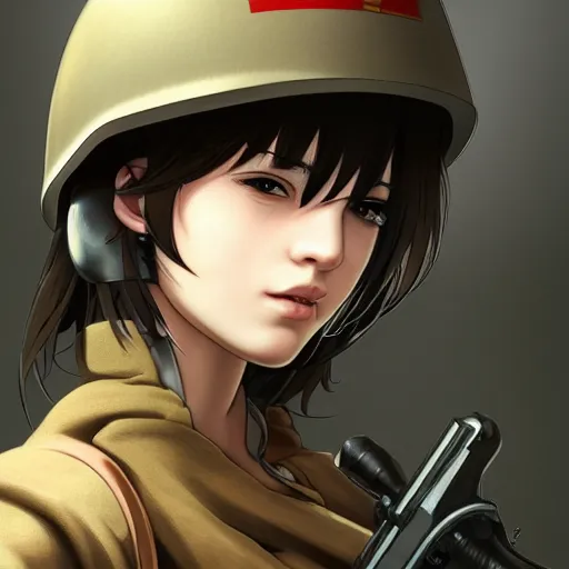 Image similar to side portrait of tanker girl, soldier clothing, combat helmet, anime style, short hair, hair down, symmetrical facial features, from arknights, hyper realistic, 4 k, rule of thirds, extreme detail, detailed drawing, trending artstation, hd, d & d, realistic lighting, by alphonse mucha, greg rutkowski, sharp focus, backlit