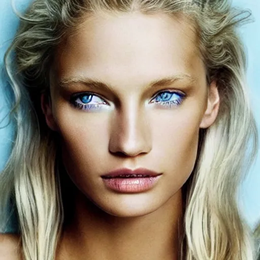 Prompt: the face of a beautiful swedish woman, blue eyes, blonde, victoria's secret, stunning photo by annie leibovitz
