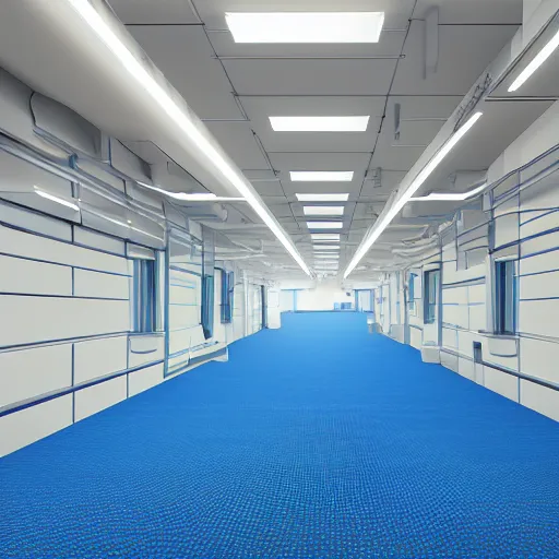 Image similar to long hall in futuristic lab, full of robots, light blue and white