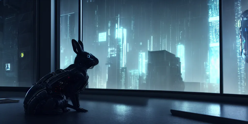 Prompt: a black water rabbit with biomechanical cybernetic body is watches the news on his smartphone near a window with dystopian city visible outside. very detailed 8 k. cyberpunk fantasy style. unreal engine render. global illumination. nanite. rtx. path tracing.