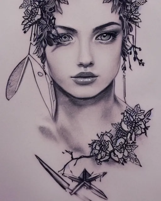 Prompt: tattoo sketch of beautiful model as aphrodite greek goddess wearing a laurel wreath and arrowhead earrings, hyper - realistic, beautiful piercing eyes, small and sharp pupils, sexy look, in the style of den yakovlev, amazing detail, fantasy, elegant, smooth, sharp