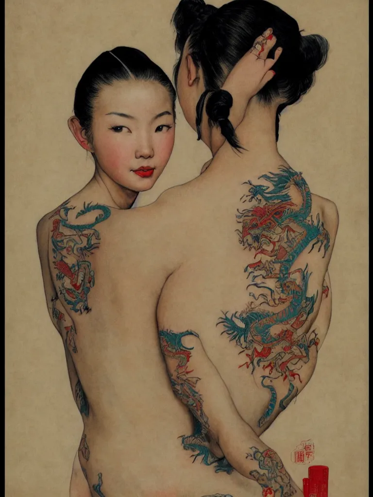 Prompt: a Portrait of a beautiful Chinese girl with a tattoo of a dragon on her back by Norman Rockwell