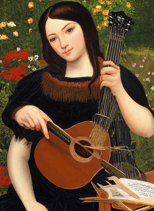 Prompt: close-up portrait of young demale english lute player, with straight black hair, with high cheekbones, with narrow nose, in a garden,, painting in the museum, highly detailed, sharp focus, digital painting, artwork by Kinkade, by Victor Adame Minguez by Yuumei by Tom Lovell by Sandro Botticelli