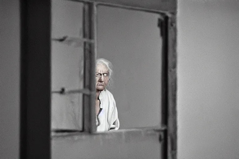 Image similar to a cinematic painting of an old female prisoner inside of jail cell looking out of a window onto a beautiful serene landscape, beautiful lighting, high depth, ultra realistic, artistic, by annie leibovitz, by hendrik kerstens