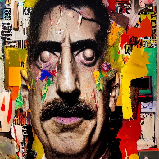 Image similar to hyperrealistic, photorealistic, mixed media oil painting of frank zappa, magazine scraps, plaster, blood, oil, mustard, splatter, greg rutkowski, basquiat, ralph steadman, wesley kimler, terry gilliam, andy warhol, wesley kimler