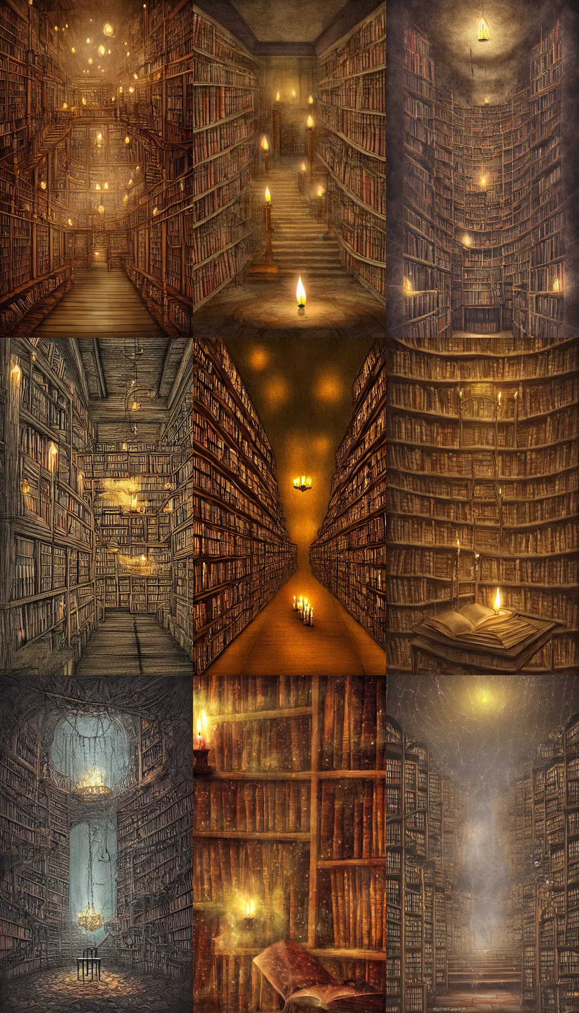 Prompt: A photo of a fantasy like library with burning candles and cobwebs, digital art