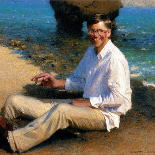 Image similar to detailed cinematic shot of bill gates with white clothes in the mediterranean beach, spring light, painting by gaston bussiere, craig mullins, j. c. leyendecker