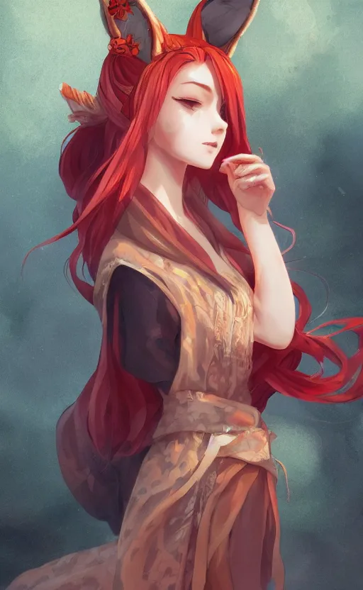 Prompt: A beautiful digital painting of a beautiful young woman with fox ears and nine tails wearing a kimono, anime, visualartzi, Janapese, concept art by Karla Ortiz, James Paick, Charlie Bowater, Krenz Cushart, trending on artstation, cgstudio