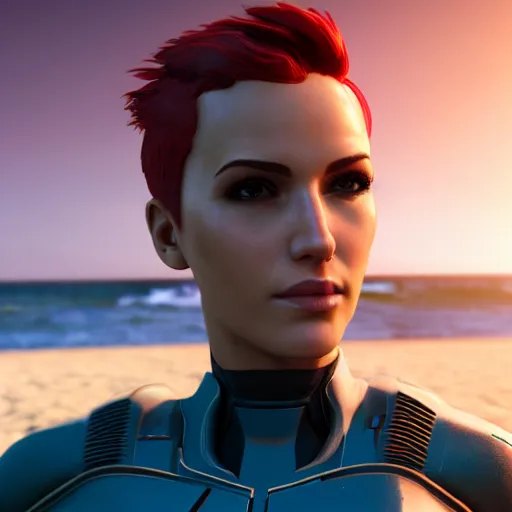 Prompt: Render of a cute 3d girl, femshep, undercut red hair, undercut, green eyes, soft smile, golden hour, beach setting, medium shot, mid-shot, trending on Artstation, Mass Effect, Unreal Engine 4k