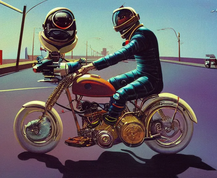 Image similar to a very detailed painting of a astronaut wearing a suit, riding a motorbike down a street, harley davidson motorbike, worm's - eye view, very fine brush strokes, very aesthetic, very futuristic, in the style of edward hopper and grant wood and syd mead, 4 k,