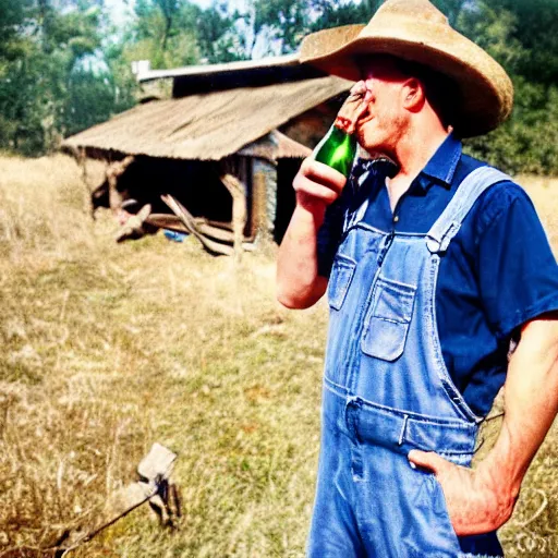 Prompt: a hillbilly drinking a bottle of beer infront of his shack home, blue overalls, redneck, photograph, 1 9 1 7, colorized, high quality, high resolution