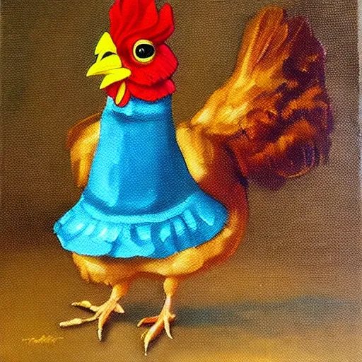 Prompt: oil painting of a chicken wearing a maid dress