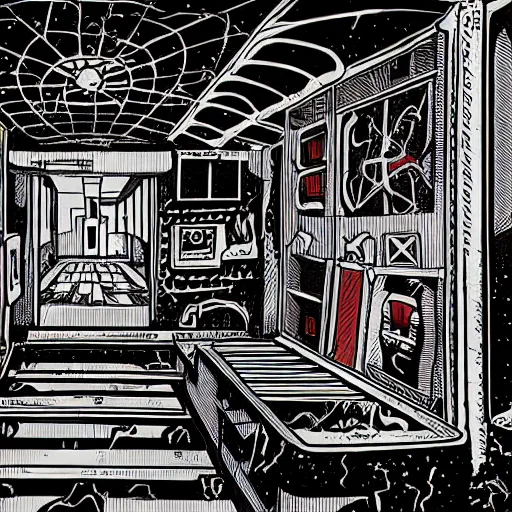 Prompt: the interior of a haunted space ship, horror style