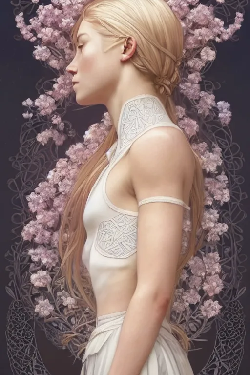 Image similar to symmetry!! full body portrait!!!! of a beautiful!!!! delicate elegant nordic shield maiden, pretty face!!!!, flower petals, intricate, elegant, highly detailed, digital painting, artstation, concept art, smooth, sharp focus, illustration, art by artgerm and greg rutkowski and alphonse mucha, 8 k