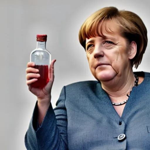 Image similar to angela merkel gopnik style, holding vodka bottle