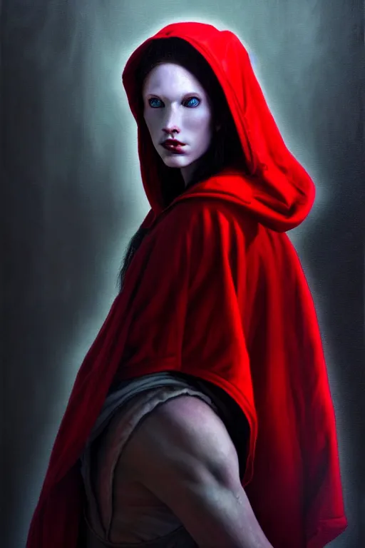 Image similar to hyperrealistic mixed media painting of beautiful Red Riding Hood, pale skin, full body, nervous expression, shadowy wolf figure looming overhead in background, stunning 3d render inspired art by P. Craig Russell and Barry Windsor-Smith + perfect facial symmetry + dim volumetric lighting, 8k octane beautifully detailed render, post-processing, extremely hyperdetailed, intricate, epic composition, grim yet sparkling atmosphere, cinematic lighting + masterpiece, trending on artstation, very very detailed, masterpiece, stunning