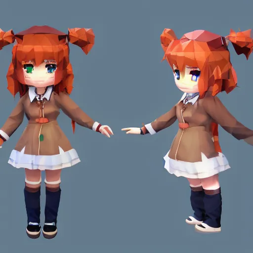 Image similar to ultra low poly modelling, walking left frame, isometric view, 1 6 bit colors, from touhou, a chibi girl, brown jacket with long sleeves, pigtails hair, volumetric lighting, fantasy, 4 k, intricate, hyper realistic, by blizzard, warcraft 3, backlit