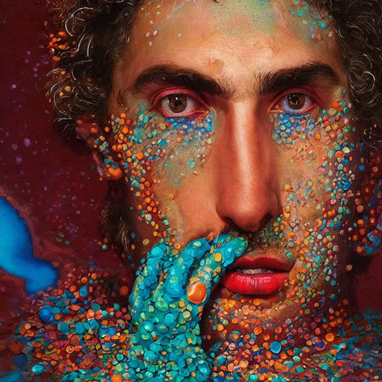 Prompt: Hyperrealistic intensely colored close up studio Photograph portrait of a deep sea bioluminescent Timothy Chalamet covered in chromatophores, symmetrical face realistic proportions eye contact golden eyes, laughing and sitting on a Rock underwater, award-winning portrait oil painting by Norman Rockwell and Zdzisław Beksiński vivid colors high contrast hyperrealism 8k