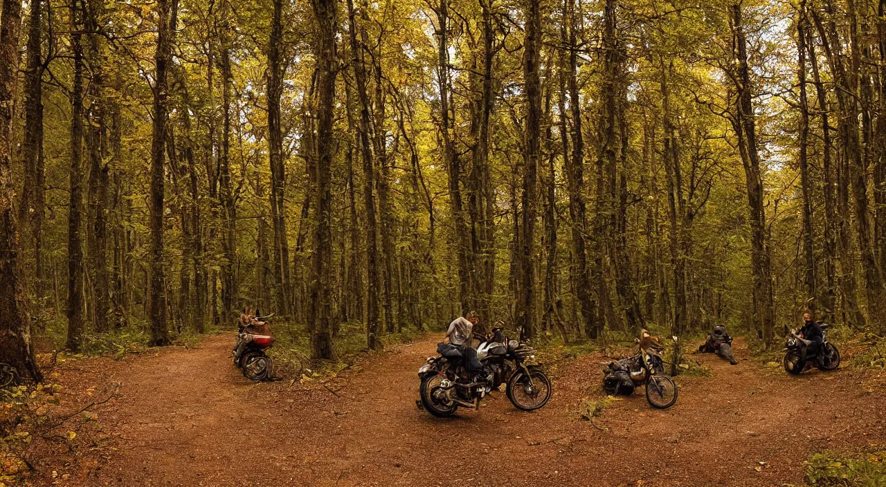 Prompt: A winding dirt path through the autumn forest. Hammock, Fireside, Motorcycle, Stars. Jakub Rozalski. A portrait photo, anime face by the fireside. a monk in a tan trenchcoat with an anime face sitting next to his motorbike in a dark forest by the fireside on the top of a mountain looking out over a far-reaching landscape full of beauty, trees, ocean, wildlife. Atmospheric, Kodak, fuji film, HGTV, 12k ursa, cinematic. atmospheric, hyper realistic, 8k, epic composition, cinematic, octane render, artstation landscape vista photography by Carr Clifton & Galen Rowell, 16K resolution, Landscape veduta photo by Dustin Lefevre & tdraw, 8k resolution, detailed landscape painting by Ivan Shishkin, DeviantArt, Flickr, rendered in Enscape, Miyazaki, Nausicaa Ghibli, Breath of The Wild, 4k detailed post processing, artstation, rendering by octane, unreal engine