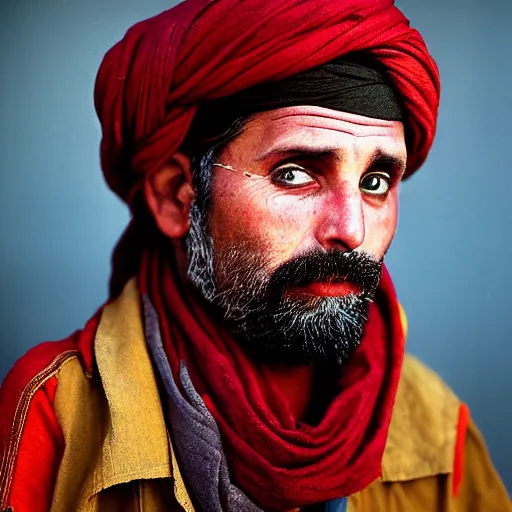 Prompt: portrait of matt christman as afghan man, green eyes and red scarf looking intently, photograph by steve mccurry