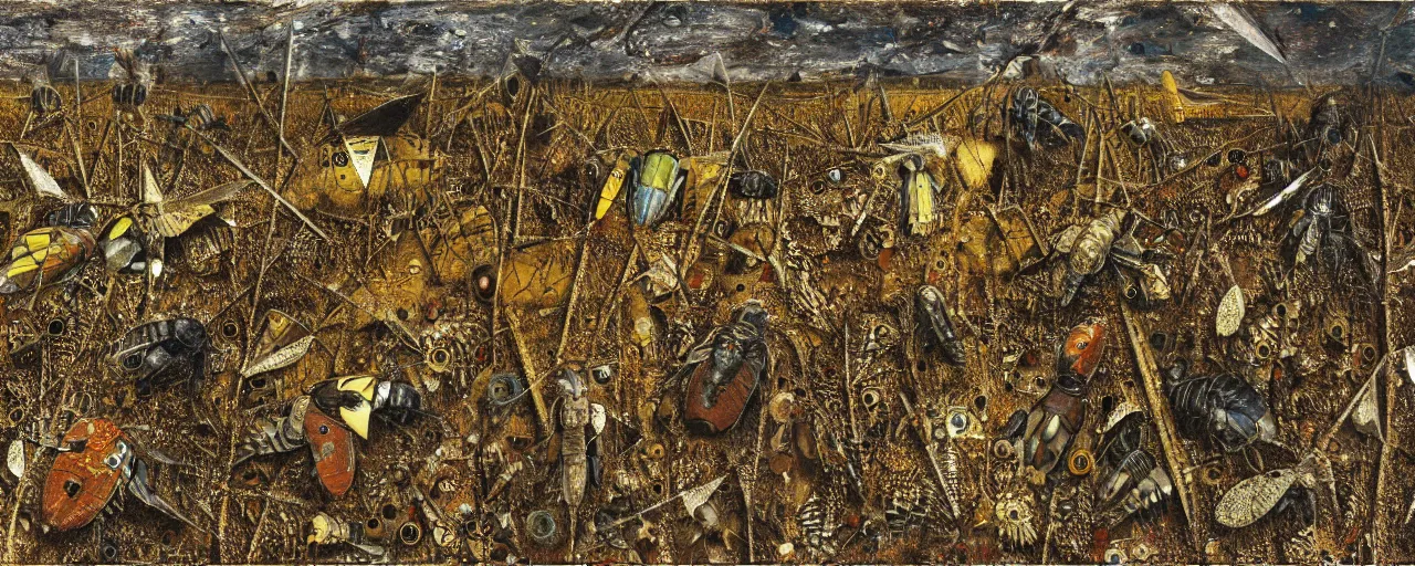 Image similar to strange giant insects, beetles and flies, swarming in a cornfield, oil painting by max ernst and anselm kiefer, decay, mixed media, textured, sharp focus, highly detailed, photographic emulsion cracked and peeling, rust, cinematic lighting, 8 k, hd