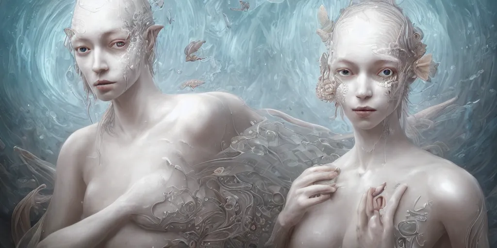 Prompt: hyperrealistic solarpunk photography of a highly detailed and symmetrical gorgeous cyborg nymph awash in a sea of milk in the style of beth cavener, jin kagetsu, james jean and wlop, face symmetry, masterpiece, award - winning, sharp focus, intricate concept art, ambient lighting, 8 k, artstation