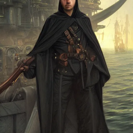 Prompt: pale male rogue in black robes on a shipdeck, fantasy, D&D, portrait, piercing stare, highly detailed, digital painting, HD, artstation, concept art, matte, sharp focus, illustration, art by artgerm and greg rutkowski and alphonse mucha