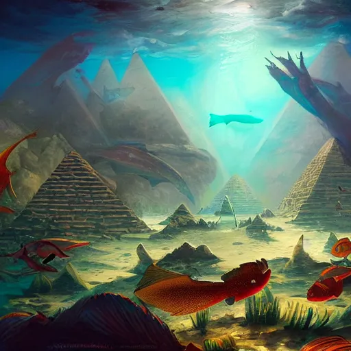 Prompt: the pyramids of gizeh underwater, lots of fishes everywhere, epic, wide angle, dramatic light, ultra realistic, 4K, peter mohrbacher