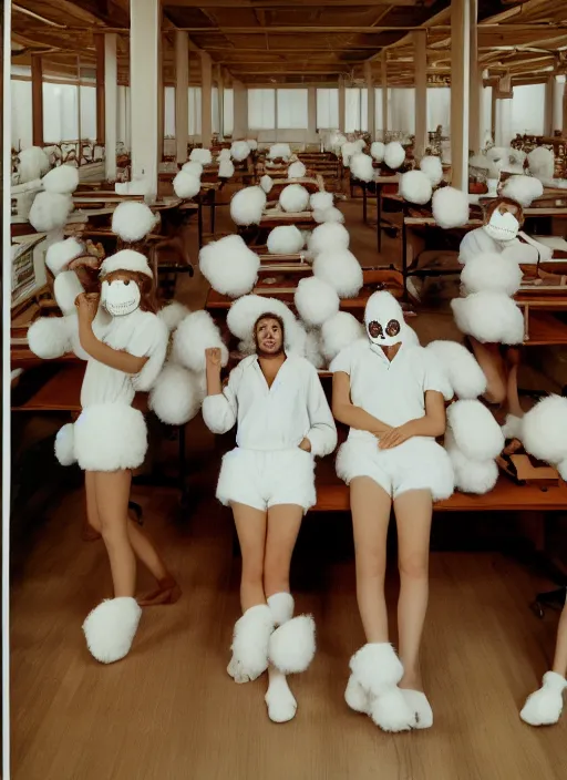 Prompt: realistic photo portrait of the sleeping university class, faceless, white carnival mask, wearing fluffy cotton shorts, beautiful symmetrical faces, standing in the spacious wooden polished and fancy expensive wooden laboratory interior room 1 9 9 0, life magazine reportage photo