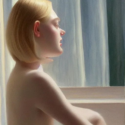 Image similar to Painting of Elle Fanning in the planes of Oblivion, long blonde hair, delicate, pale milky white porcelain skin, by Edward Hopper. 8K. Extremely detailed.