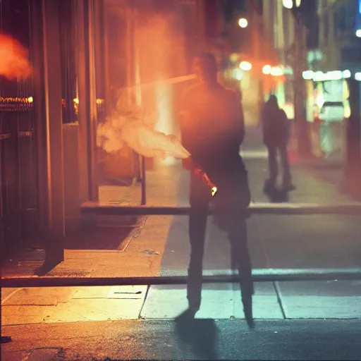 Prompt: digital art of a haunted sheet smoking a cigarette on NYC sidewalk, city lights, trending on artstation, 8k, 4k, volumetric lighting, volumetric lighting, award-winning, lighthearted, cinematic composition, hd, fun