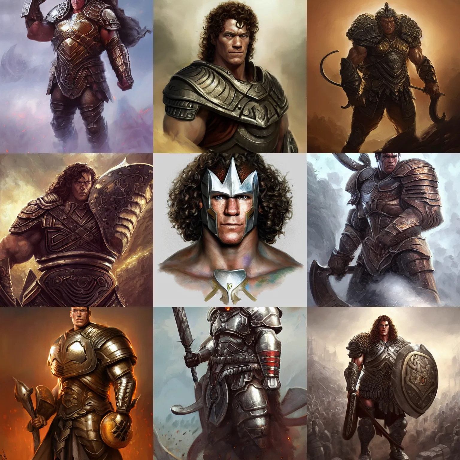 Prompt: ares, john cena, curly hair, hoplite armor, d & d, fantasy, portrait, highly detailed, digital painting, trending on artstation, concept art, sharp focus, illustration, art by artgerm and greg rutkowski and magali villeneuve